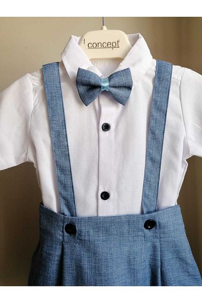 bebeksen Blue Classic Baby Boy Salopet Suit with Bow Tie and 3-Piece Shorts Special Day Outfit Wedding Baby Gift
