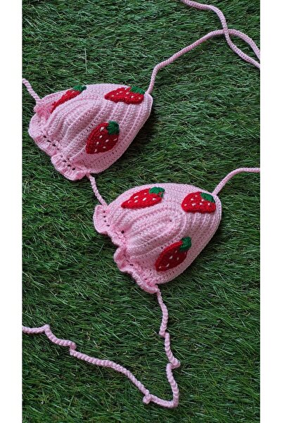 SOUL BY A&B El Örgüsü Çilek Çilekli Pembe Bikini Genç Kız Yaz Yazlık Beach Bikini Crop