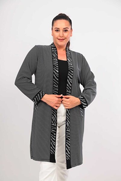 SheRa Boutique Çizgili Ottoman Kumaş, Cepli, Şık Kadın Hırka