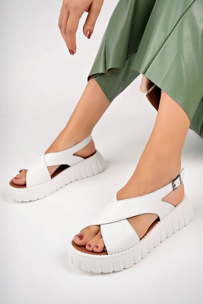 Deripabuc White Genuine Leather Women's Sandals - Dp-3003
