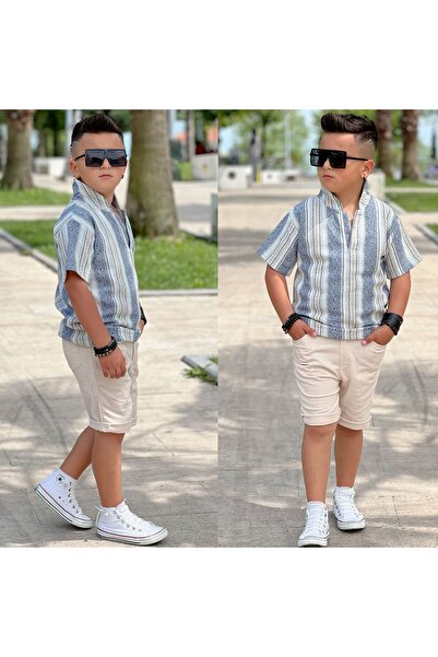 Kuzeyi Butik Summer Cotton Knitwear Persian Print Shirt with Shorts Team