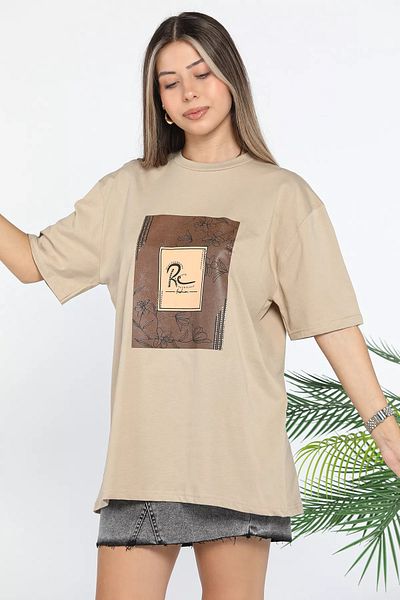 GÜLSELİ Tricou de damă bej - decolteu, imprimat