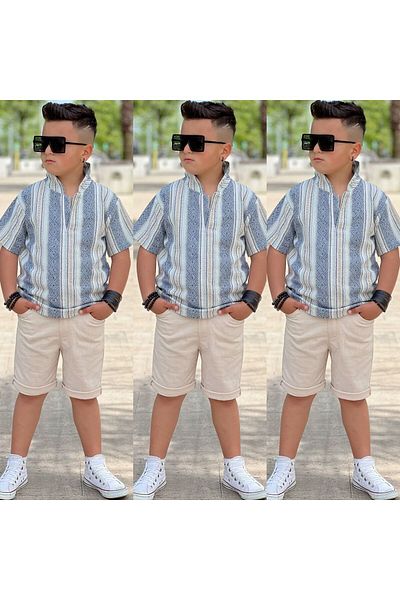 Kuzeyi Butik Summer Cotton Knitwear Persian Print Shirt with Shorts Team