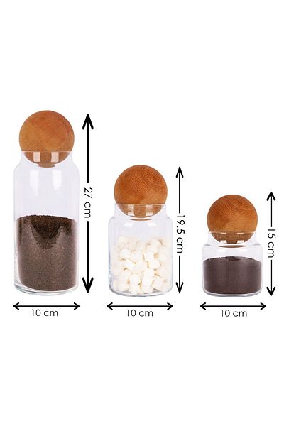 Lizzy 3-Piece Wooden TOP Glass Jar Set with Lid Snack Bowl Spice Bowl Mushroom Ball Storage Container with Lid