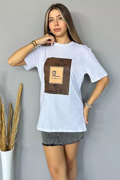 GÜLSELİ Tricou de damă alb cu gât crew - imprimat