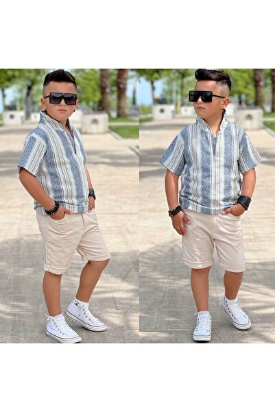 Kuzeyi Butik Summer Cotton Knitwear Persian Print Shirt with Shorts Team
