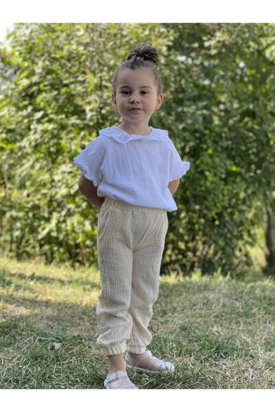 meqlife Unisex Çocuk Müslin Kumaş pantolon Cepli Pacası Latikli Pantolon Taş