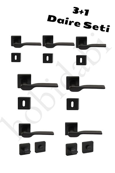 HOBİDABİ Black Zenit Design Door Handle Set - Eda Square Rosette Series - 3 1 Set (5 ROOMS 2 WC) Door Handle