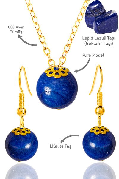 Tesbih Atölyesi Gold Globe Model Lapis Lazuli Stone Necklace and Earring Set - Certified with Silver Apparatus