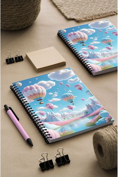 kutuTR Flying Balloon Patterned 100 Sheets Checkered Vip Modelist Notebook with Wooden MDF Cover - 80gr/m2 K502