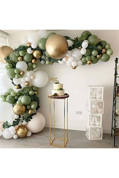 Konsept Sepeti 84 Pieces White Mold Green and Chrome Gold Jumbo Size Birthday Balloon Chain Baby Boxed