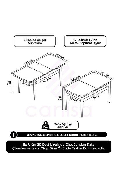 Canisa Edaf Serisi 80x132 Açılabilir Beyaz Masa Krom Ayak Mutfak Masası