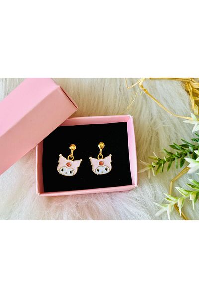 1PARÇAMAVİ Kuromi Patterned - Children's Earrings with Pinches and Clips, Perforated Design