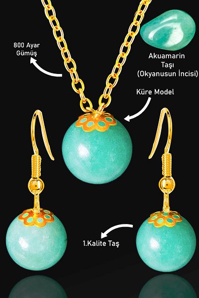 Tesbih Atölyesi Gold Globe Model Aquamarine Necklace and Earring Set - Silver Apparatus, Certified