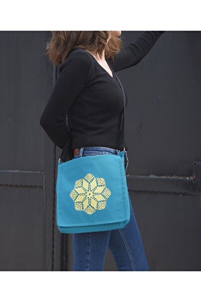 Handream Otantik Sarı dantel detaylı, Kapaklı Bez Postacı Çantası