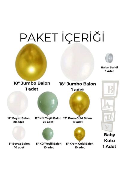Konsept Sepeti 84 Pieces White Mold Green and Chrome Gold Jumbo Size Birthday Balloon Chain Baby Boxed