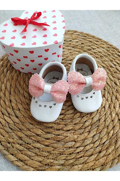 MİNİBİRİ Princess Model Pink Sequin Bow Genuine Leather Baby Loafers Booties Baby Shoes