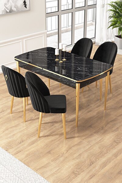 Canisa Edaf Serisi 80x132 Açılabilir Siyah Mermer Desen Mutfak Masa Takımı 4 ...