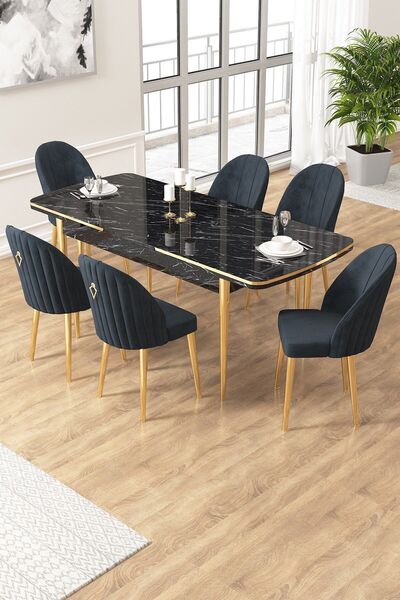 Canisa Edaf Serisi 80x132 Açılabilir Siyah Mermer Desen Mutfak Masa Takımı 6 Antrasit Sandalye Gold Detay
