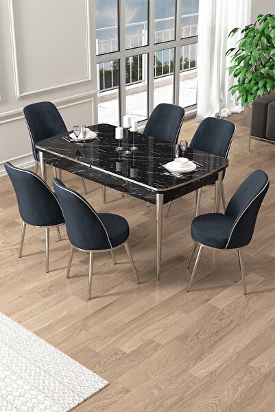 Canisa Pale Serisi 80x132 Açılabilir Siyah Mermer Desen Mutfak Masa Takımı 6 ...