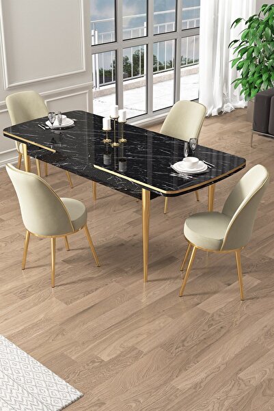 Canisa Pale Serisi 80x132 Açılabilir Siyah Mermer Desen Mutfak Masa Takımı 4 Krem Sandalye Gold Detay