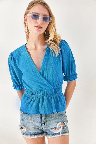 Olalook Γυναικεία Baby Blue ελαστική μέση μπλούζα με διπλό στήθος BLZ-19002187