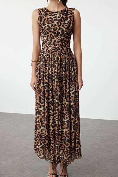 Trendyol Collection Többszínű A-vonalú leopárdmintás tüll stílusos estélyi ruha TPRSS24EL00022