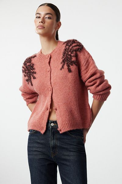 Trendyol Collection Strickjacke mit glänzender Glitzer-Stickerei und Fliesenstruktur – TWOAW25HI00005
