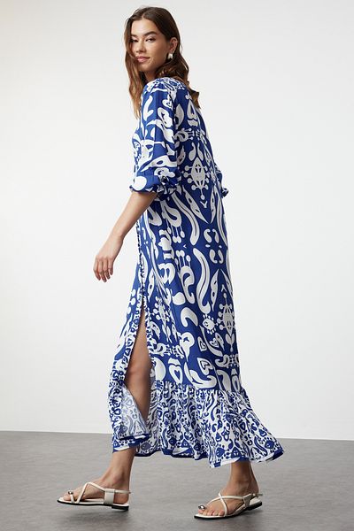 Trendyol Collection Blue Midi Wide Cut Border Pattern Detailed Woven Dress Twoss24El01019