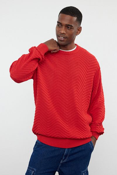 Trendyol Collection Red Regular Cotton Crew Neck Textured Knitwear Sweater Tmnaw25Kz00026