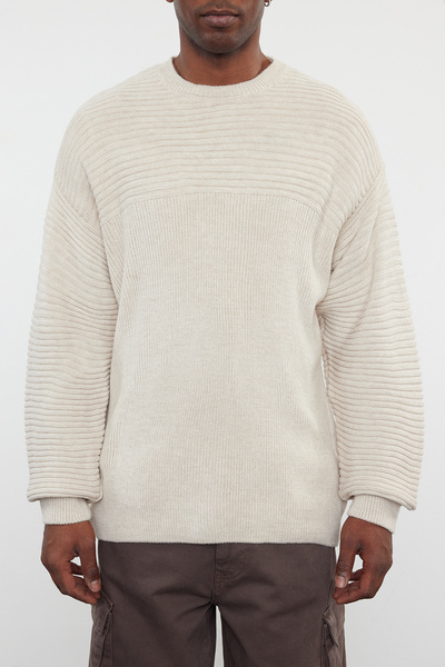 Trendyol Collection Μπεζ Unisex Oversize Πλεκτό Πουλόβερ με λαιμόκοψη TMNAW25KZ00004