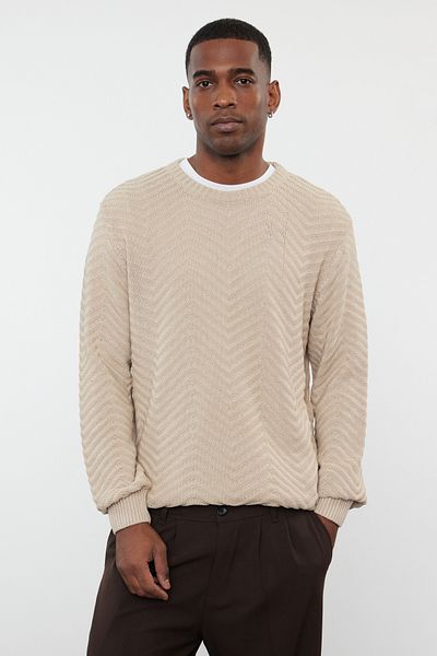 Trendyol Collection Beigefarbener Strickpullover aus strukturierter Baumwolle mit Rundhalsausschnitt – TMNAW25KZ00026