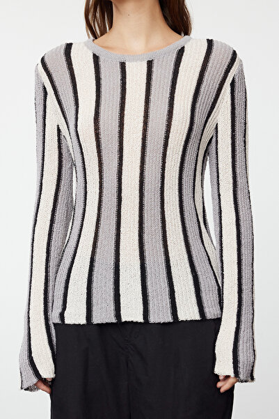 Trendyol Collection Ecru Color Blocked Thin Knitwear Sweater - Cotton, TWOAW25KZ00015