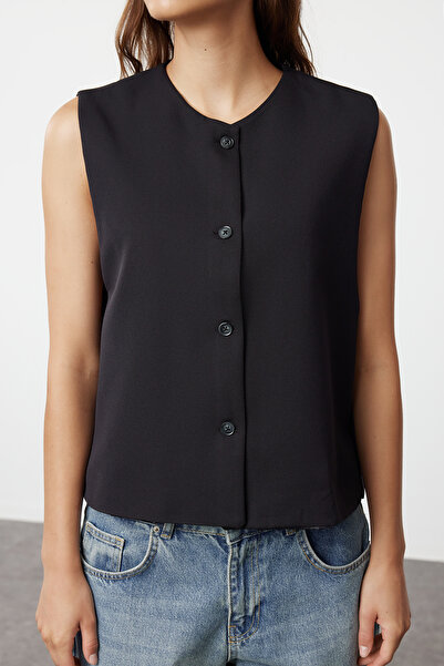 Edit by Trendyol Μαύρο υφαντό γιλέκο με στρογγυλή λαιμόκοψη TEDSS24YE00002