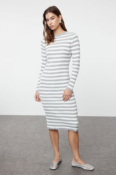 Trendyol Collection Knitwear Gray Striped Midi Dress - Basic TWOAW23EL00018
