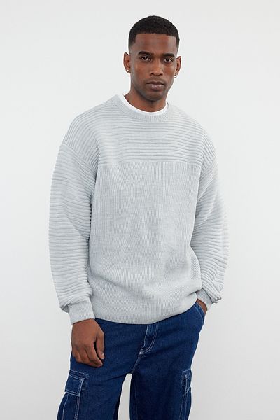 Trendyol Collection Γκρι Unisex Oversize Crew Neck Απλό Πλεκτό Πουλόβερ TMNAW25KZ00004