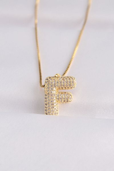 Moka Shopin 316L Gold Color Bubble Necklace with Zircon Stone - Letter F