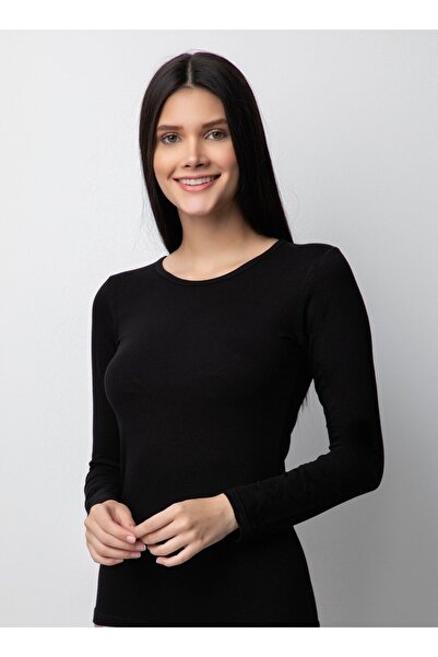 Trendbade Butik Kadın Siyah Bisiklet Yaka Uzun Kollu Badi