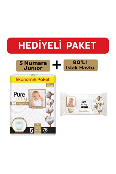 Pure Baby Organik Pamuklu Cırtlı Bez 5 Numara Junior 76 Adet Organik Pamuklu Islak Havlu 90 Yaprak