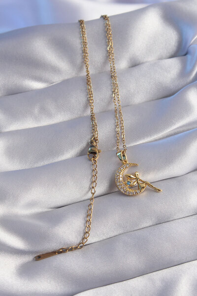 Moka Shopin Κολιέ 316L Ατσάλινη Αλυσίδα Χρυσό Χρώμα Νεράιδα με Ζιργκόν Σχέδιο Φεγγαριού