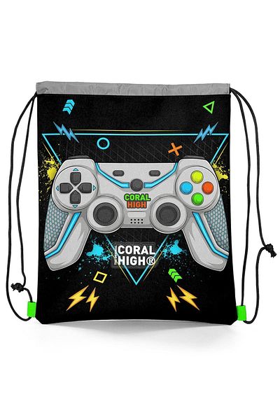 Coral High Green Gamer Patterned Black Drawstring Drawstring Backpack - 12655