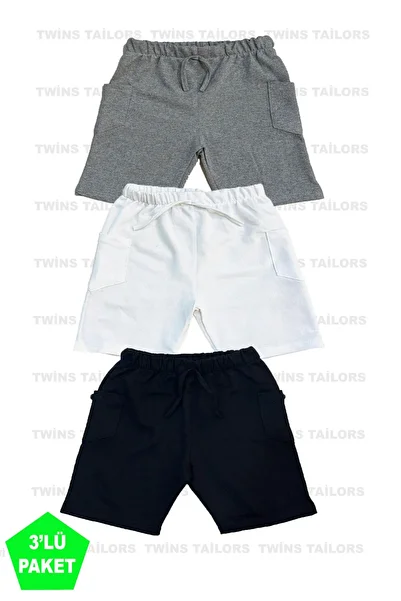 twins tailors شورت قصير للأطفال للجنسين - قطن ممشط، 3 قطع، أسود-أبيض-رمادي