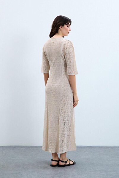 Serianno V Yaka Metalik İp Detaylı ElbiseELB9520KEMİK