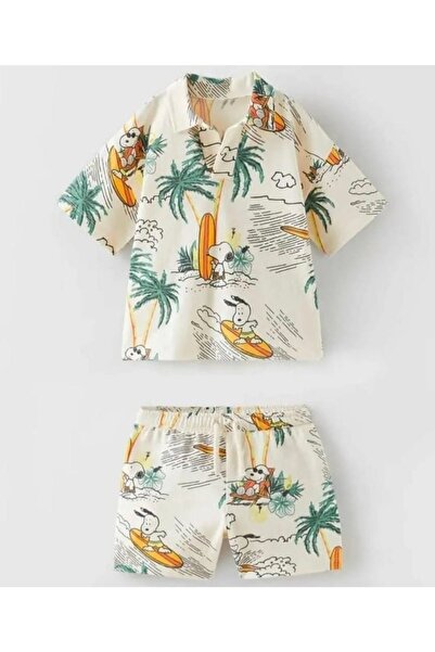 Pink Hippo Kids Boy's Snoopy Surf Patterned Shorts Top and Bottom Set
