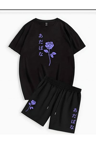 Biy Store Purple Rose Black T-shirt Black Shorts Set - Printed Bottom Top Shorts Set Oversize Crew Neck