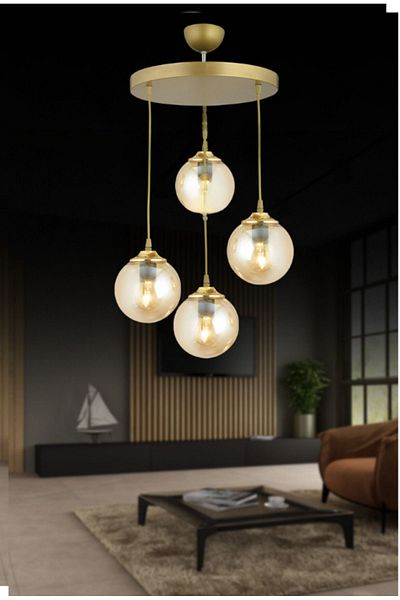 SONSUZ AYDINLATMA&AVİZE Luxury Chandelier - 4-Piece Antique Pendant Tray, Bal Glop Glass