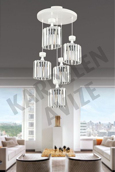 SONSUZ AYDINLATMA&AVİZE 5-Piece White Crystal Stone Pendant Lamp Facing - Luxury Chandelier