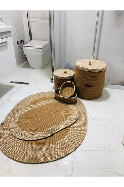 ModaCardin Σετ 6 χαλάκια μπάνιου από γιούτα και άχυρο - Καλάθι σε μποέμικο και σκανδιναβικό στυλ