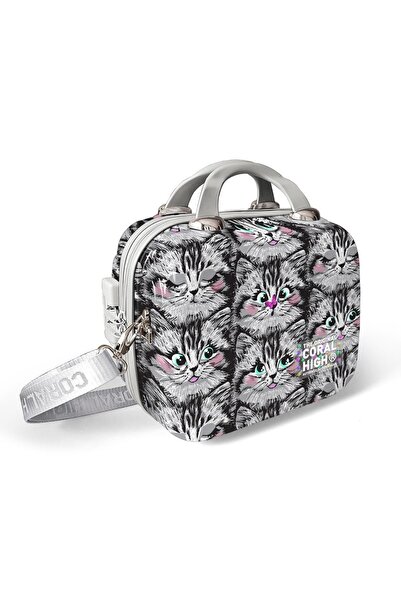 Coral High Cat Patterned PC Makeup Bag with Shoulder Strap - 16899