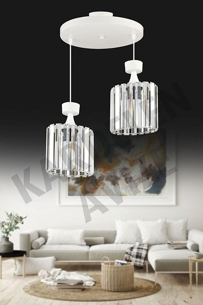 SONSUZ AYDINLATMA&AVİZE Snowdrop White 2-Piece Pendant Lamp Crystal Stone Downward Facing Luxury Chandelier